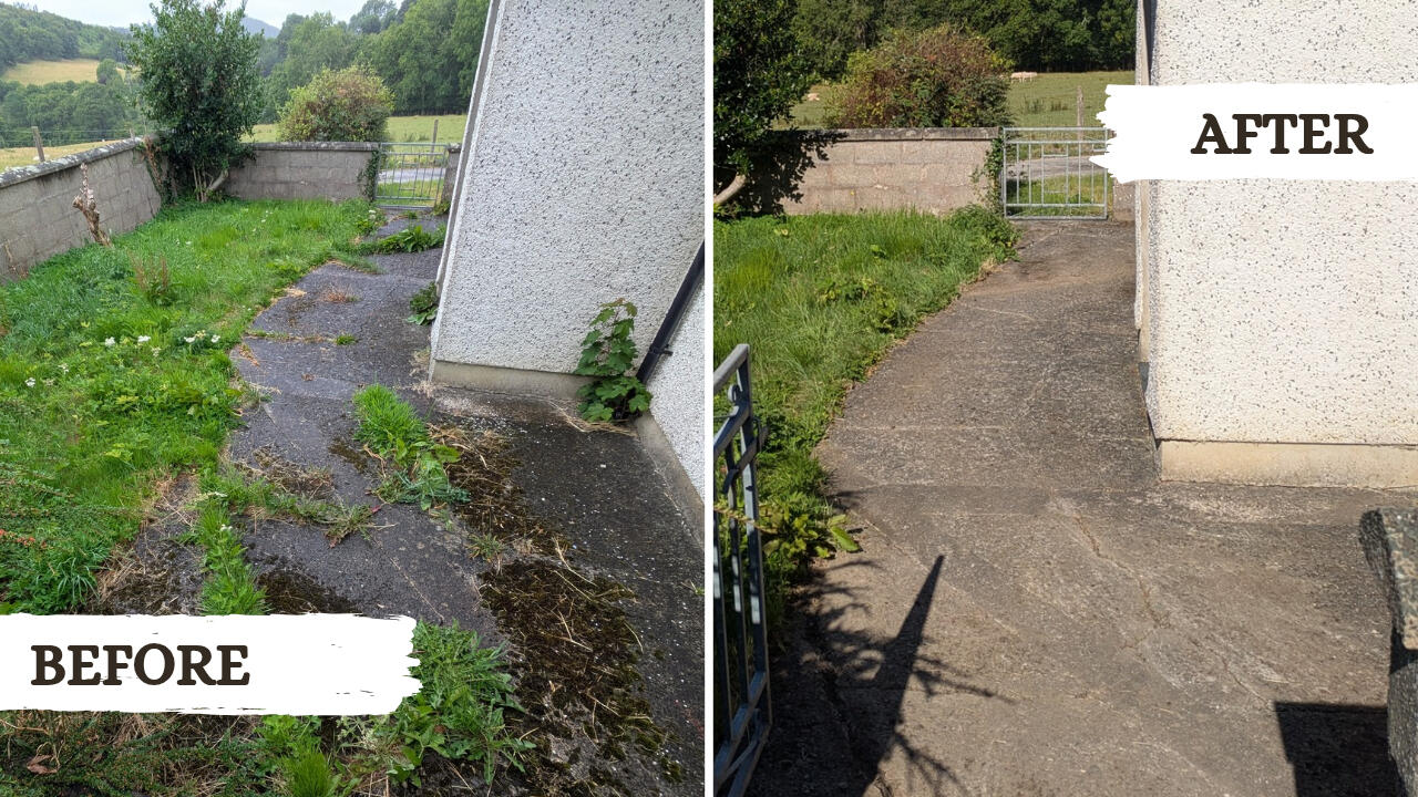Weeding Before and after picture from a garden tidy project in Machynlleth