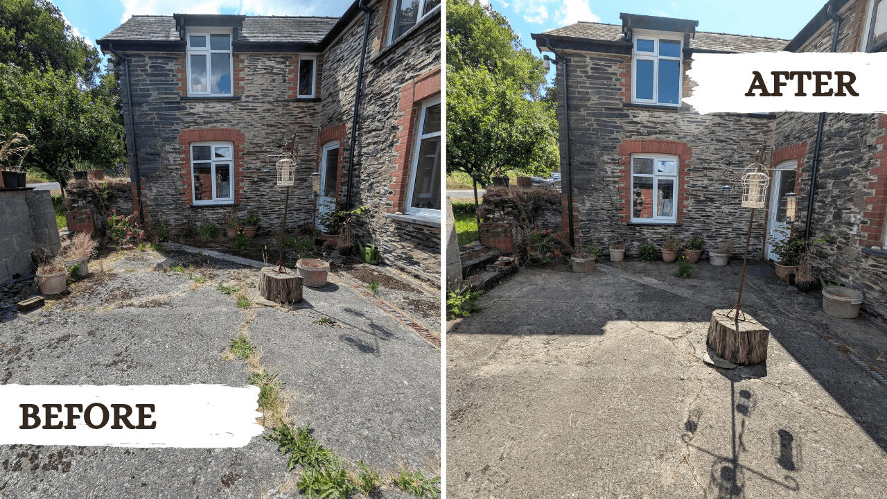 Weeding Before and after picture from a garden tidy project in Machynlleth