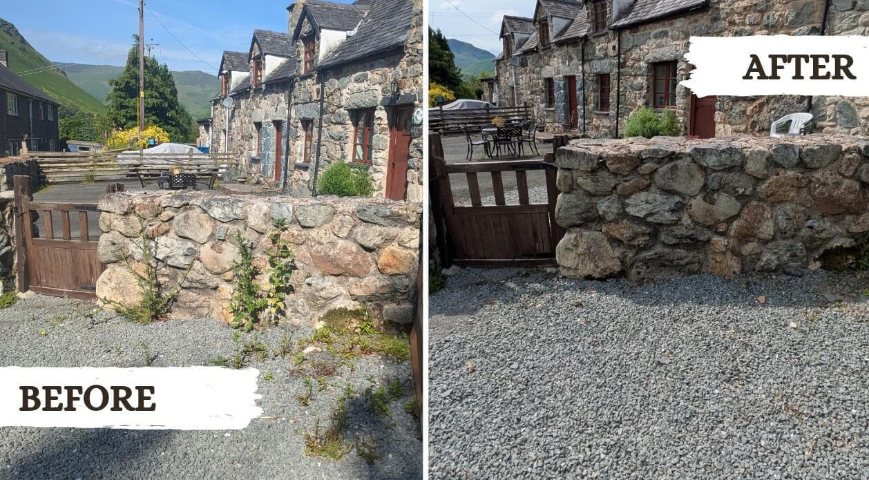Weeding Before and after picture from a garden tidy project in Machynlleth