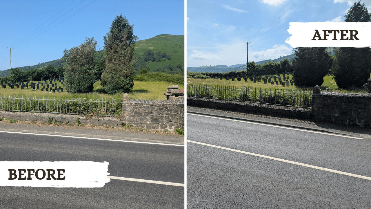 Before and after picture from a garden tidy project in Machynlleth