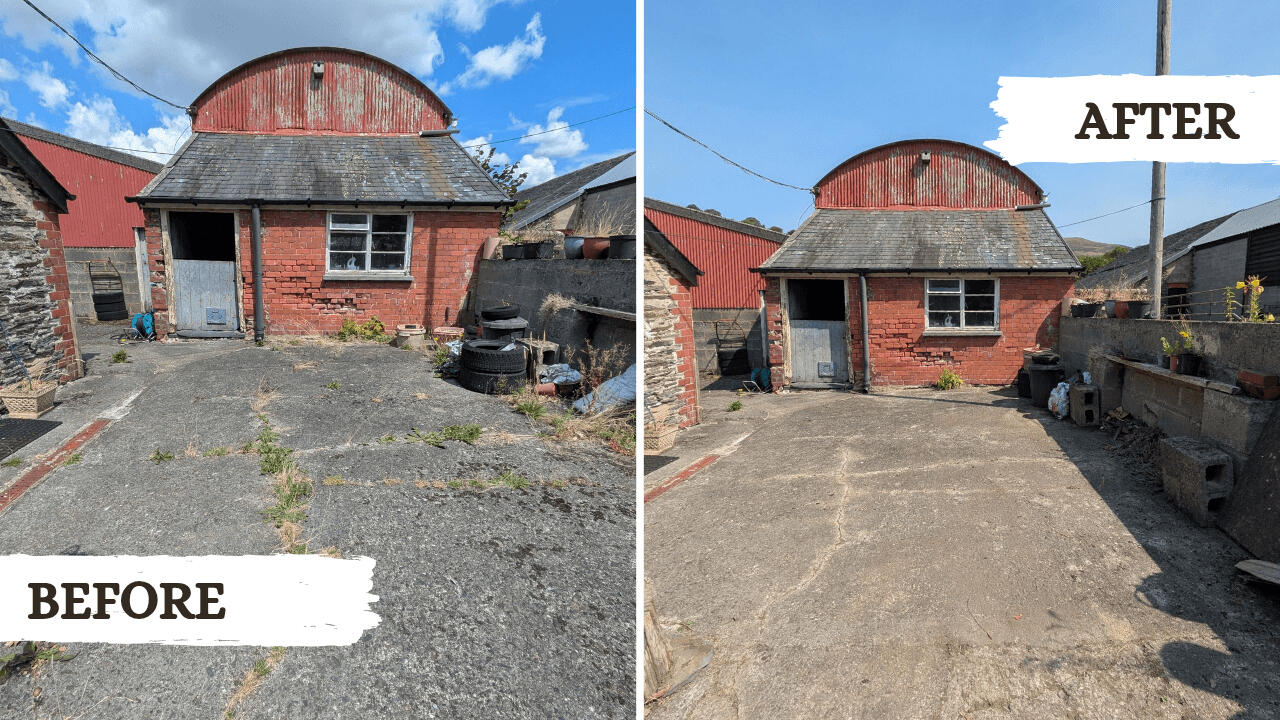Before and after picture from a garden tidy project in Machynlleth