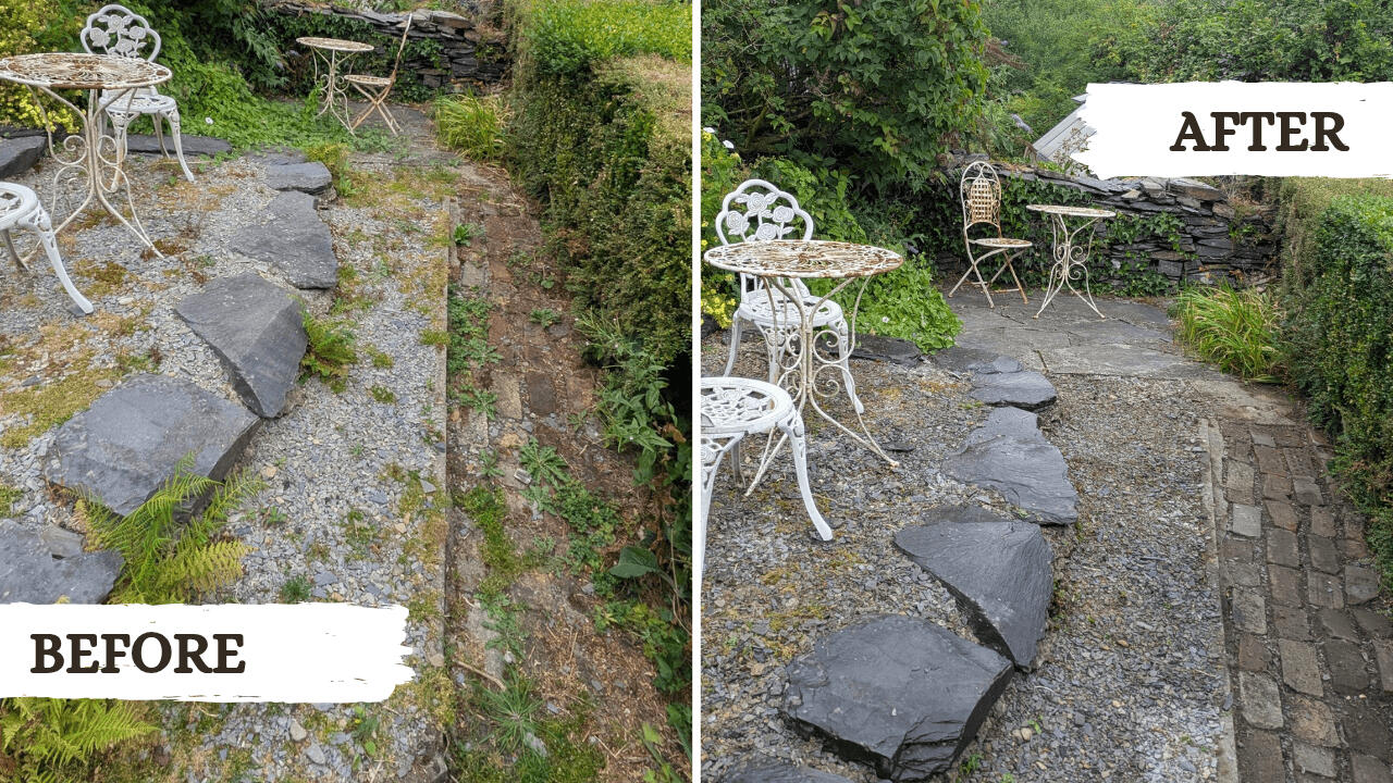 Before and after picture from a garden tidy project in Machynlleth
