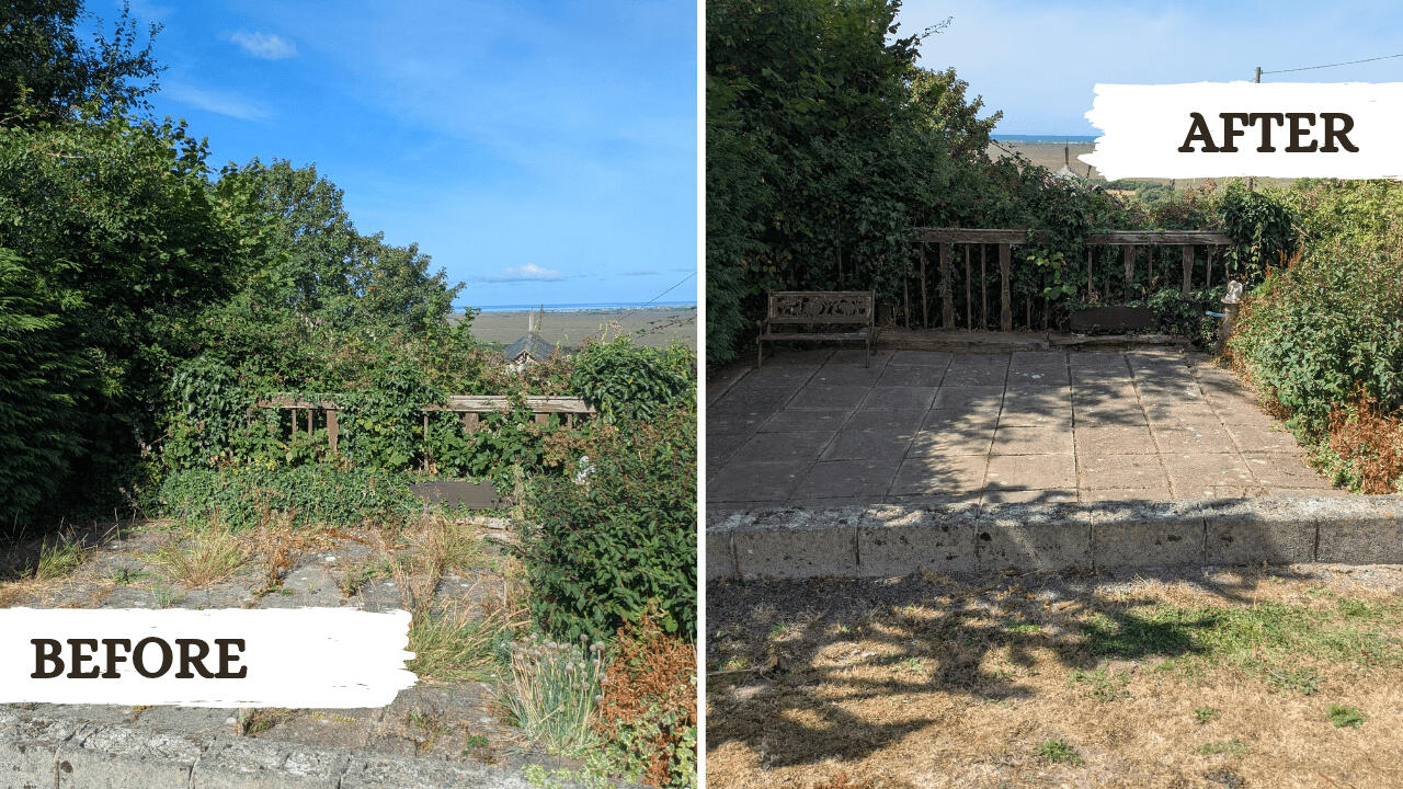 Before and after picture from a garden tidy project in Machynlleth