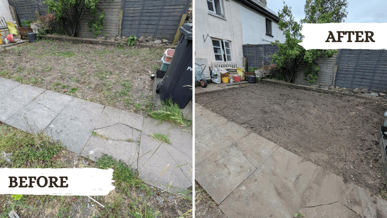 Before and after picture from a garden tidy project in Machynlleth