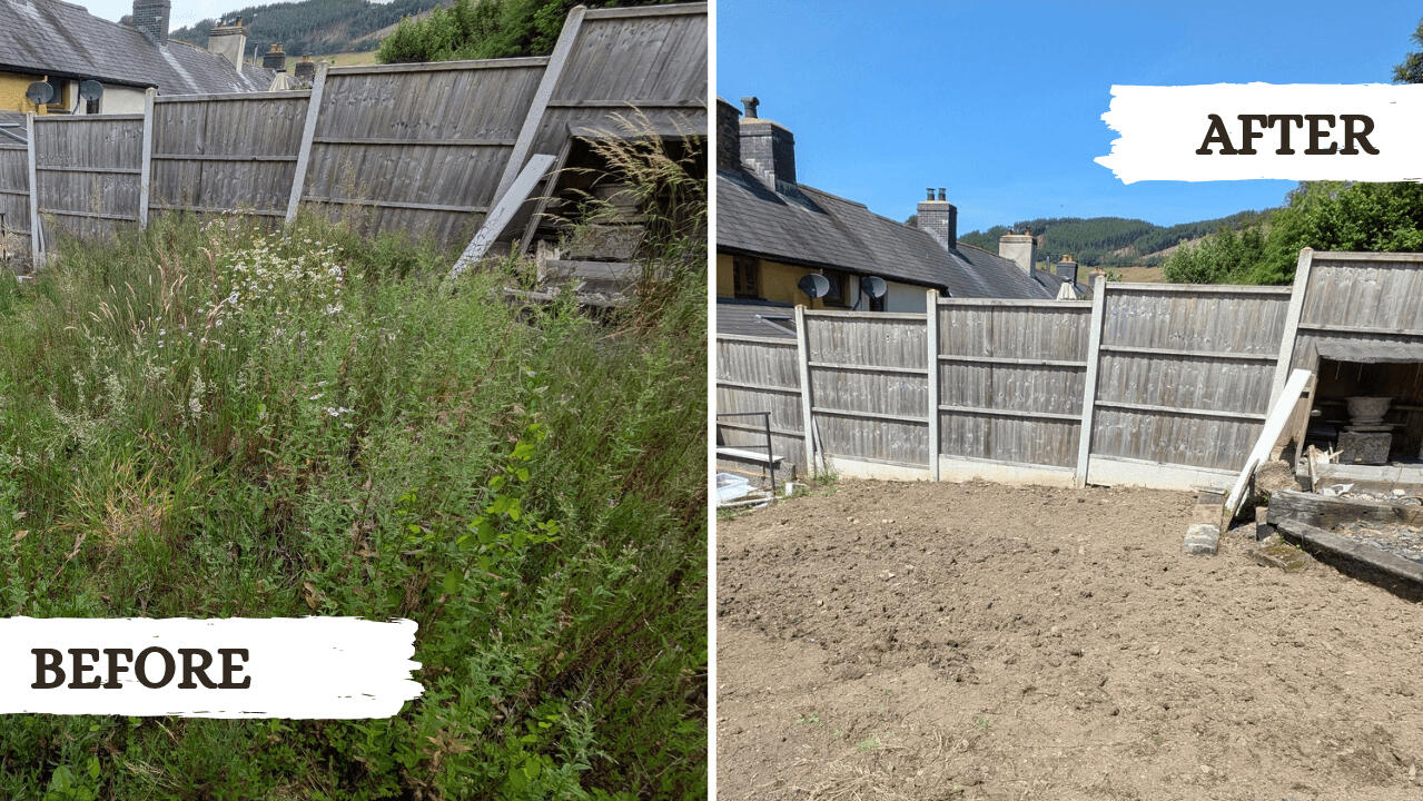 Weeding Before and after picture from a garden tidy project in Machynlleth