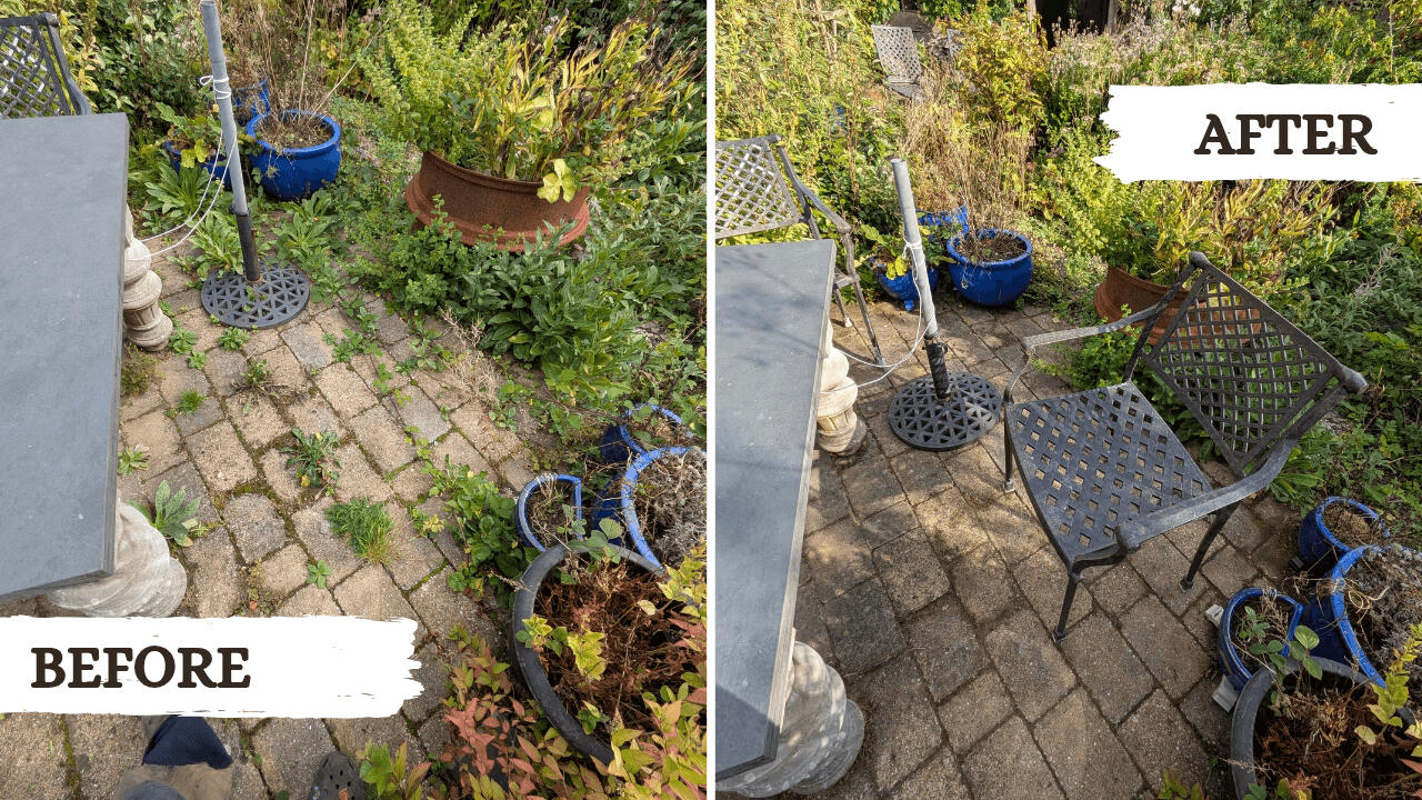 Weeding Before and after picture from a garden tidy project in Machynlleth